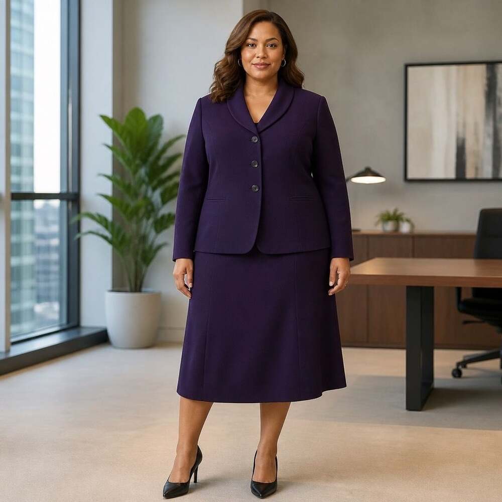 Jones New York Woman Size 24W Purple Shawl Collar Blazer Jacket & Skirt Suit Set